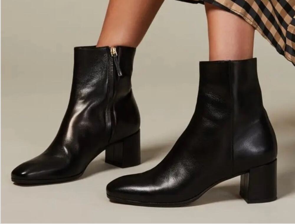 M.Gemi Corsa Leather Side Zip Square Toe Block Heel Ankle Boots Black EU 36 US 6
